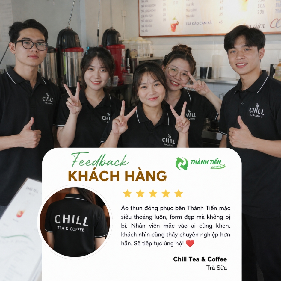 Feedback khách hàng mẫu áo thun quán Chill tea & coffee