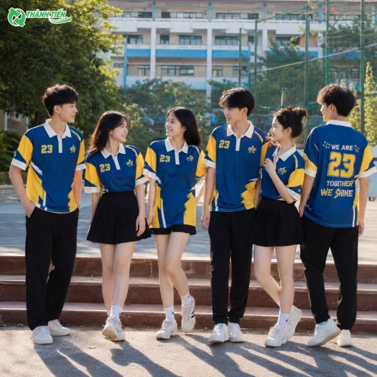 Mẫu áo lớp có cổ màu xanh dương mix vàng