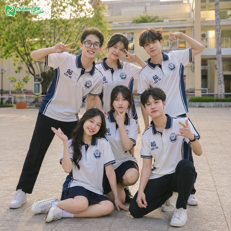 Mẫu áo lớp có cổ màu trắng phối xanh navy hot trend