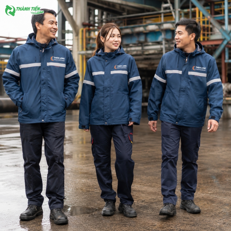 Thiết kế áo khoác công nhân có mũ chống nắng, cản gió và mưa nhẹ hiệu quả