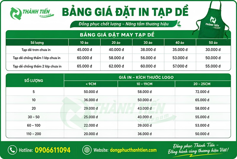 Bảng giá may in tạp dề tại Đồng Phục Thành Tiên 