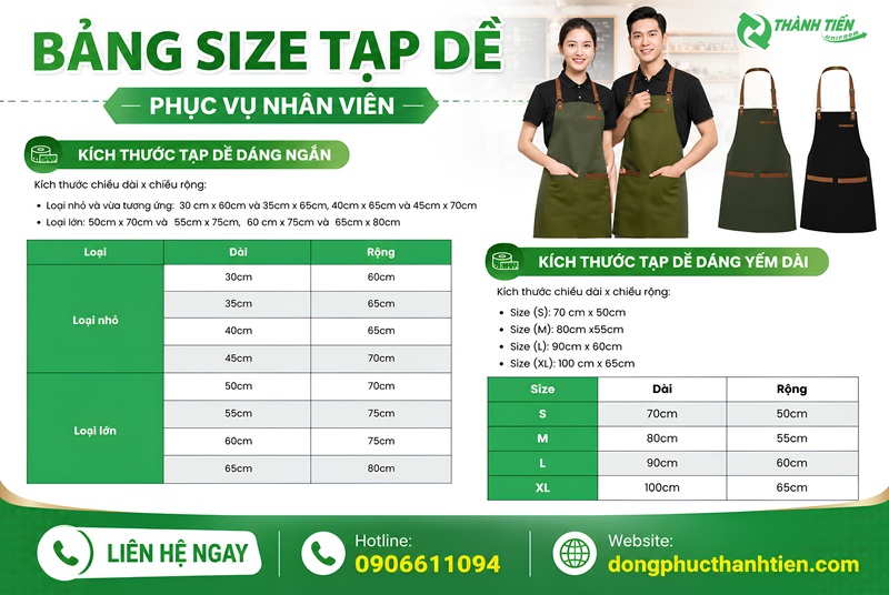 Bảng size tạp dề chuẩn nam/nữ