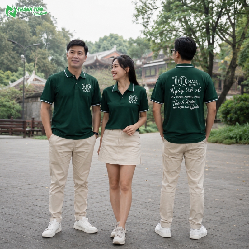 Mẫu áo đồng phục kỷ niệm 10 năm ra trường màu xanh rêu cá tính 