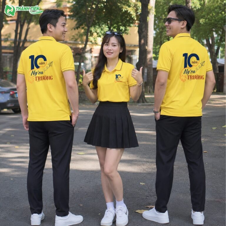 Mẫu áo đồng phục kỷ niệm 10 năm ra trường màu xanh vàng nổi bật