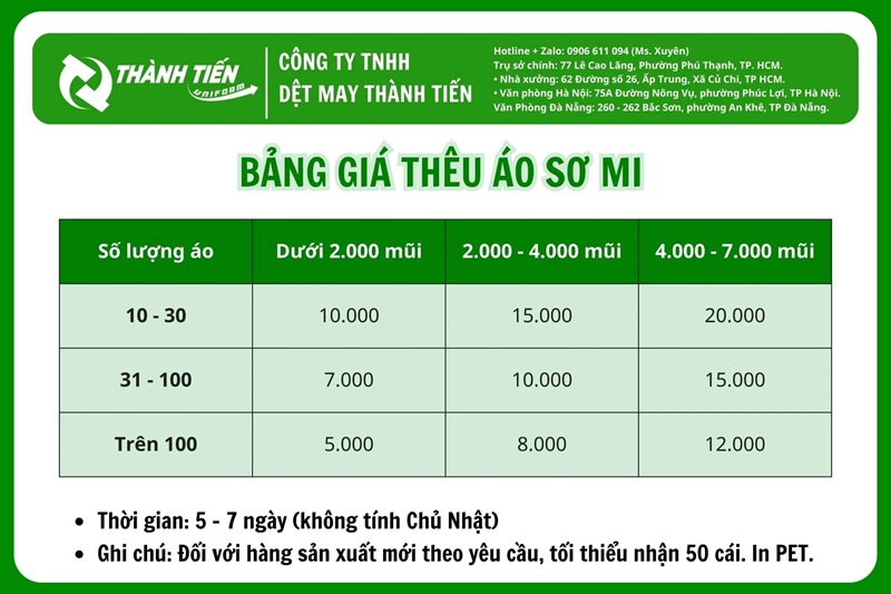 Bảng giá thêu logo áo sơ mi đồng phục cao cấp