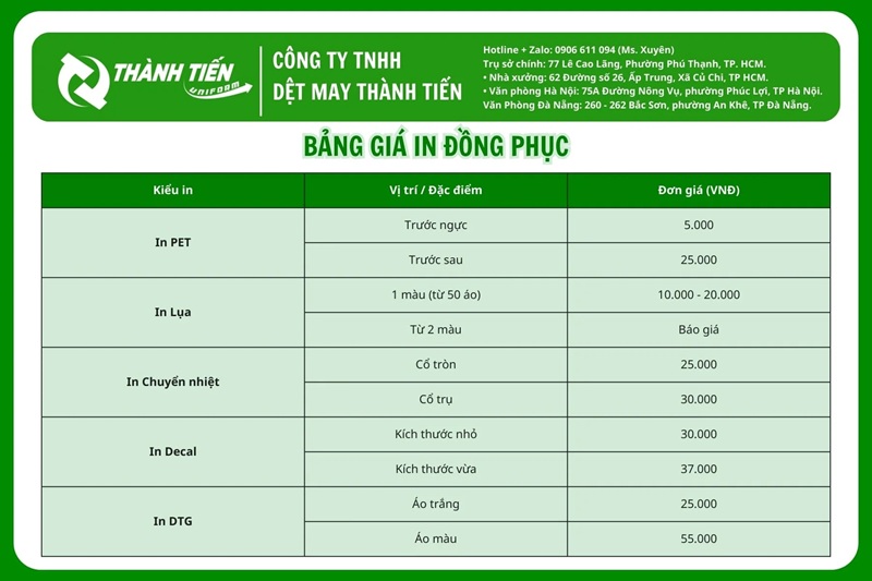 Bảng giá in áo sơ mi đồng phục theo yêu cầu