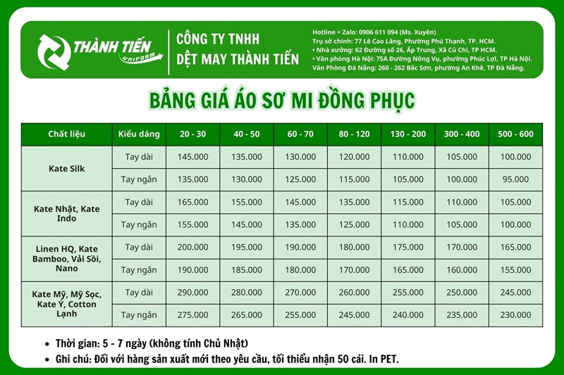 Bảng giá đặt may áo sơ mi đồng phục tại Đồng Phục Thành Tiến 