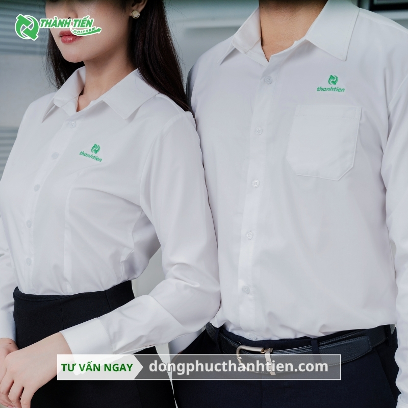 Mẫu áo sơ mi đồng phục công ty màu trắng thêu logo cao cấp