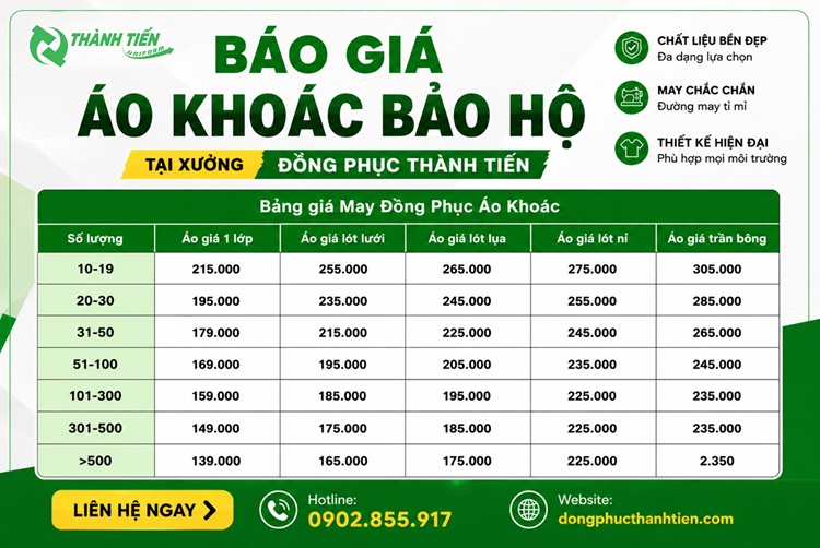 Bảng giá may áo khoác bảo hộ tại Đồng Phục Thành Tiến